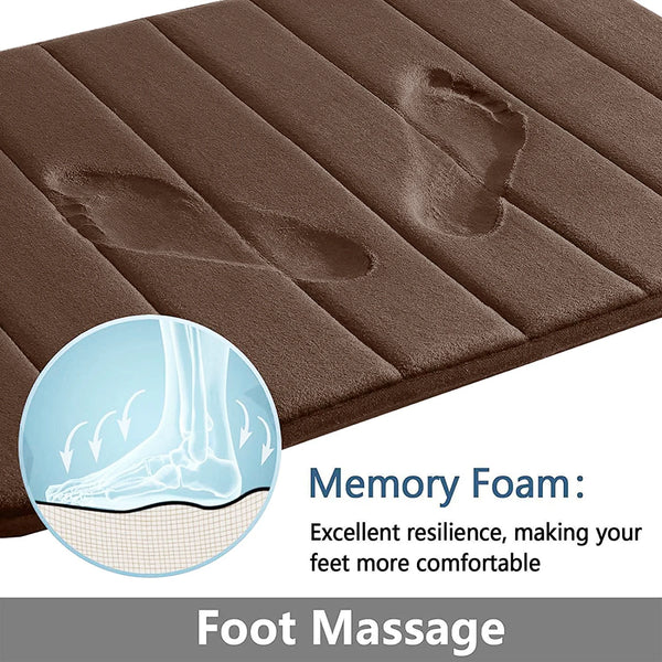 A brown memory foam foot massage mat showing a foot imprint and a close-up of the foam texture.