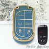 A blue and gold TPU car key fob cover with multiple buttons is shown next to the original black key.