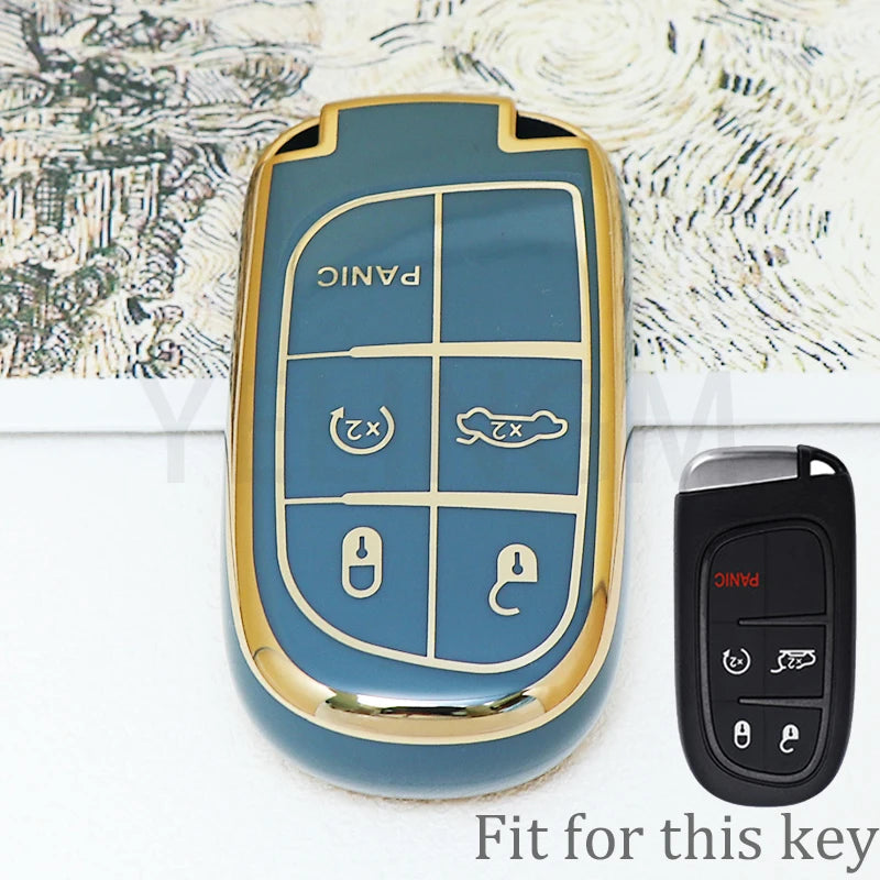 A blue and gold TPU car key fob cover with multiple buttons is shown next to the original black key.