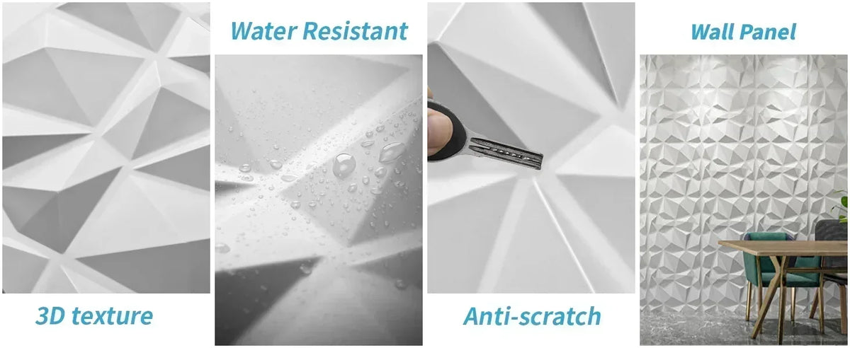 Close-up view of a white decorative 3D diamond texture wall panel, showing water resistance and anti-scratch properties.