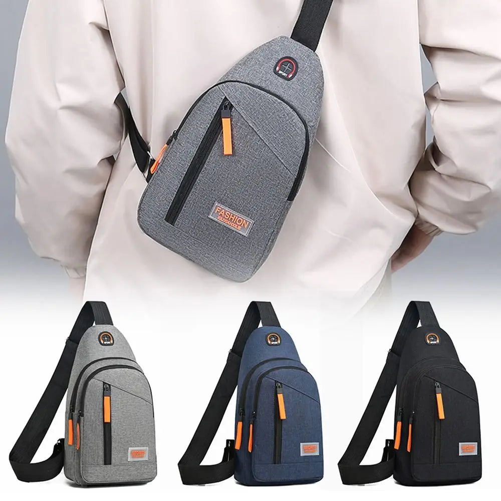 A set of Oxford canvas crossbody chest bags in gray, blue, and black shown against a light background.
