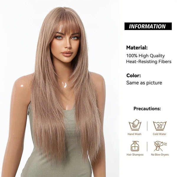 A model displays a long, straight, layered wig in a light brown color against a white background.