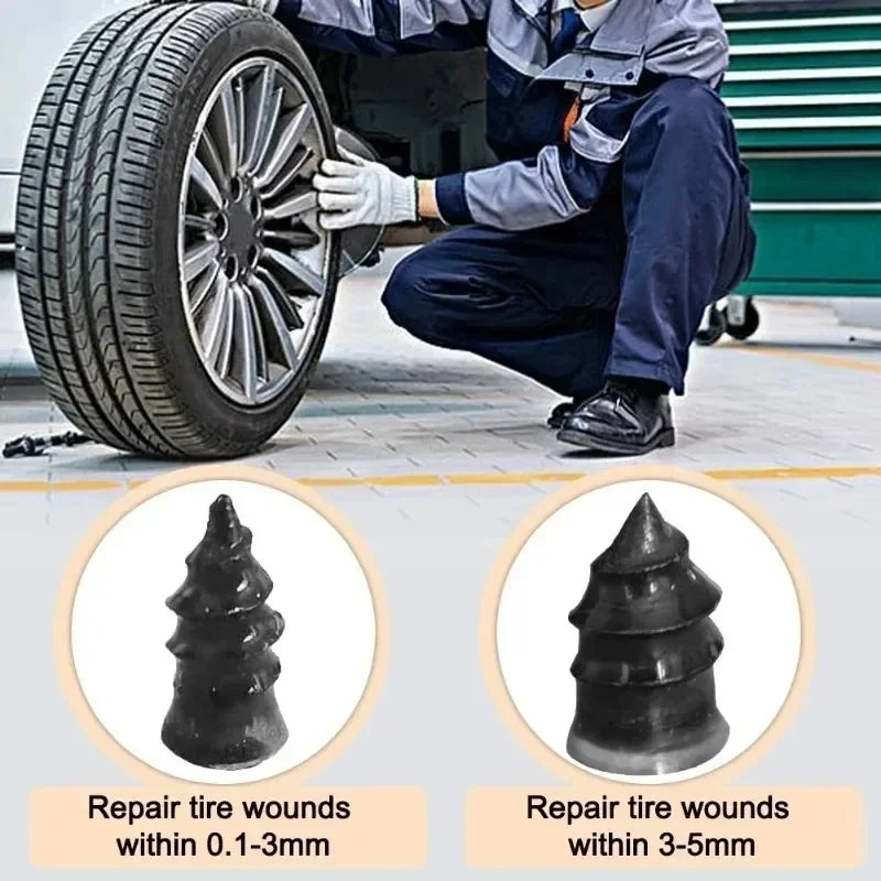 A person is repairing a tire with a nail kit, showing repair wounds within 0.1-3mm.