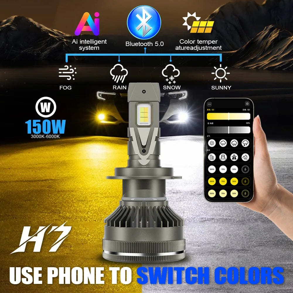 Smart App Control LED Headlight Bulbs with Triple Color Modes