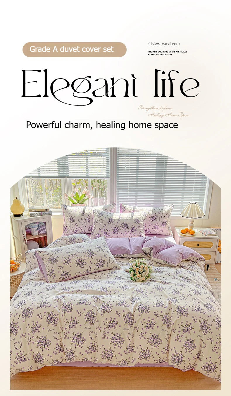 Elegant life Grade A duvet cover set featuring a floral pattern in lavender and white on a bed.