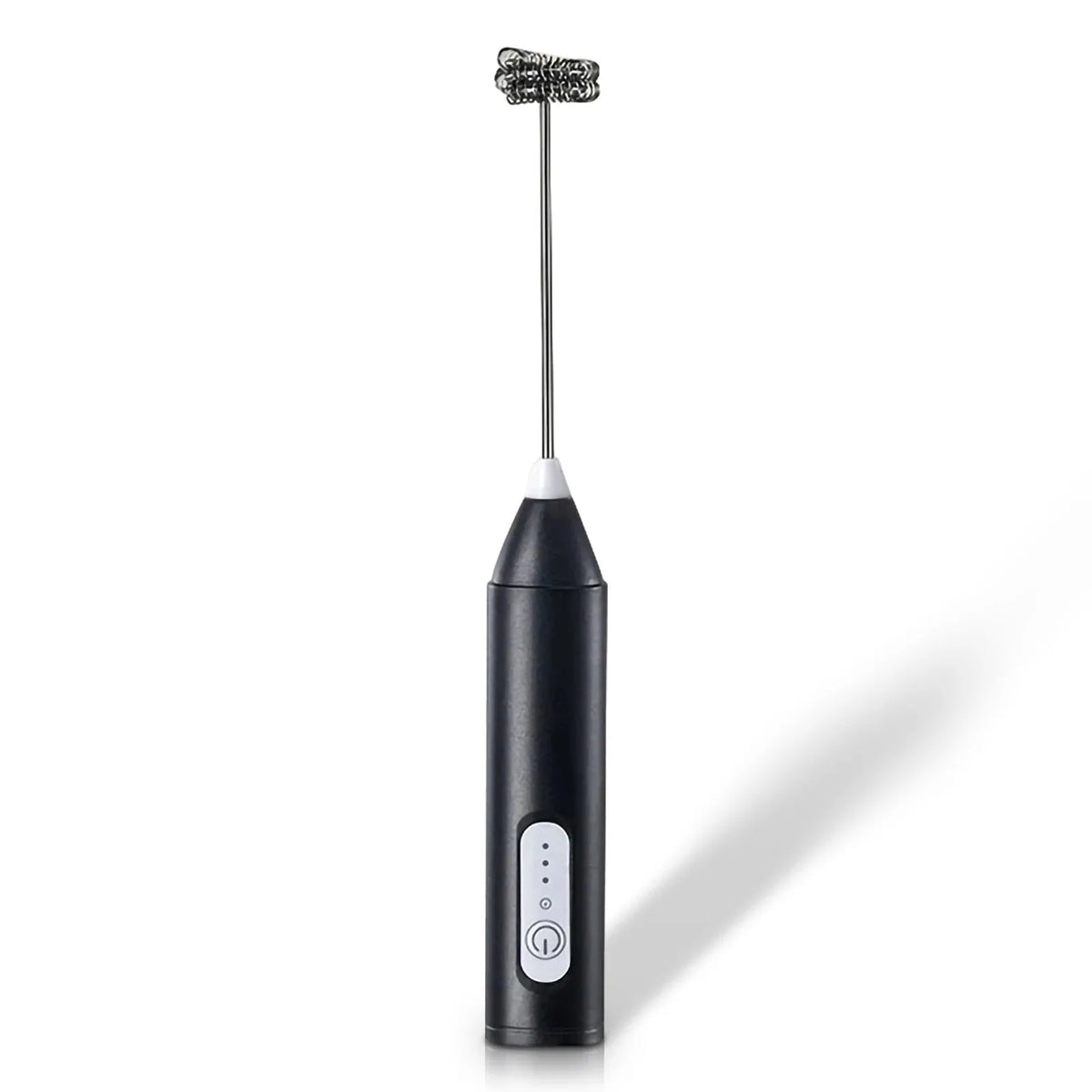 A black rechargeable handheld milk frother with a long metal wand and a white base.