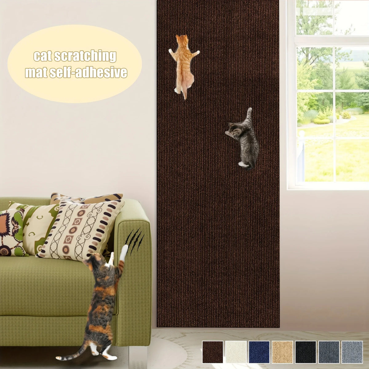 A brown textured mat with cat scratch marks and a cat climbing on it, next to a green sofa.