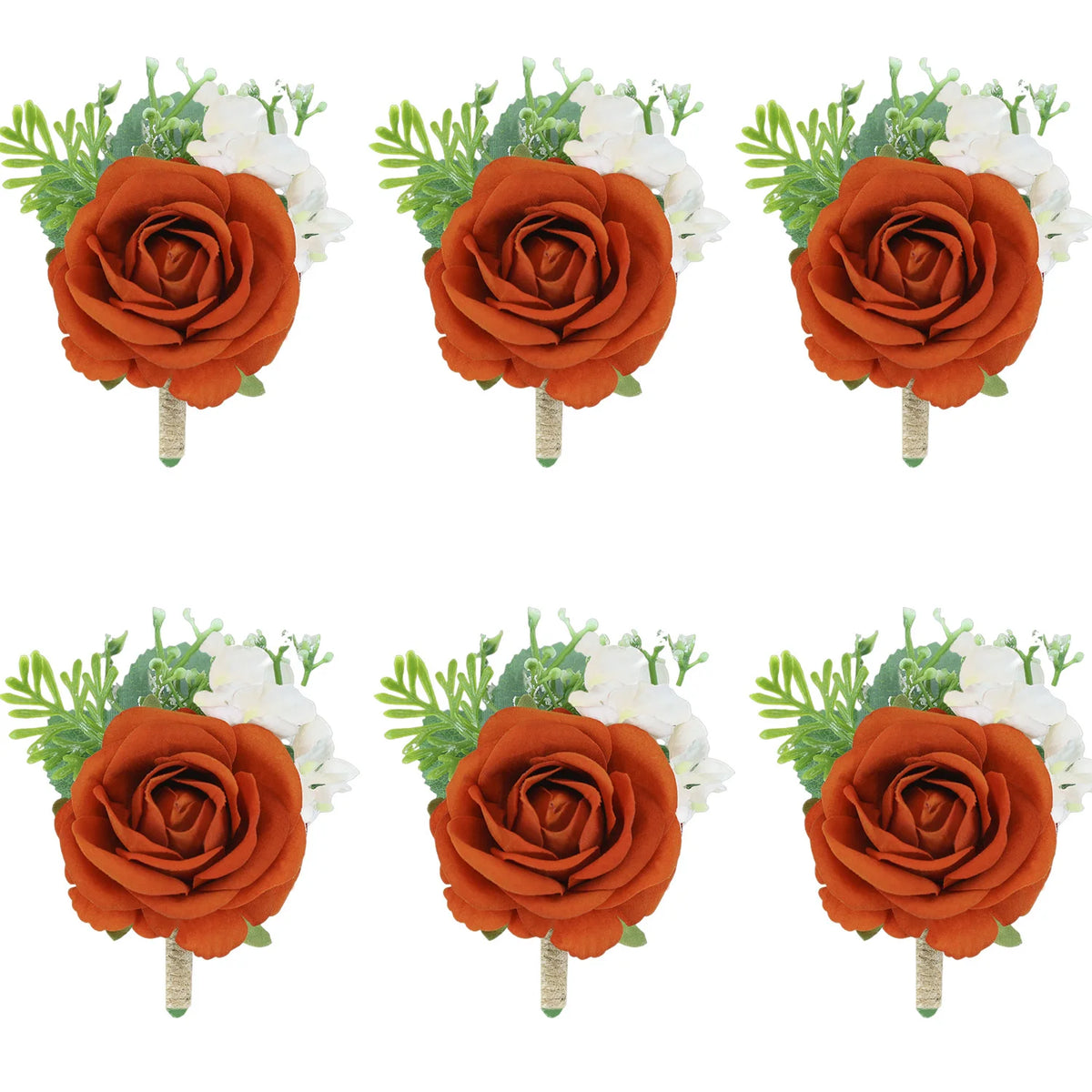 Burnt Orange Silk Boutonniere Set for Wedding Groom and Groomsmen