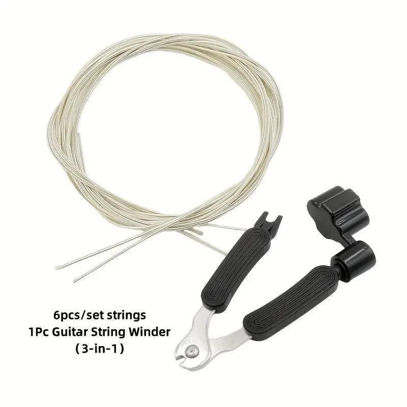 A set of six guitar strings and a 3-in-1 tool for winding guitar strings.