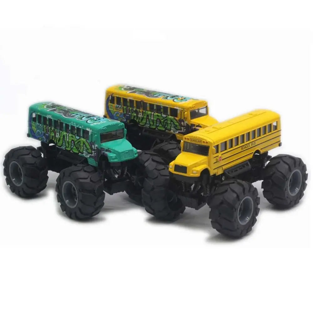 A set of two die-cast metal school bus pull-back toys, one green and one yellow.
