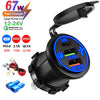 A black car charger with a LED display showing PD, 3.1A, and QC3.0 outputs, featuring multiple ports and a voltmeter.