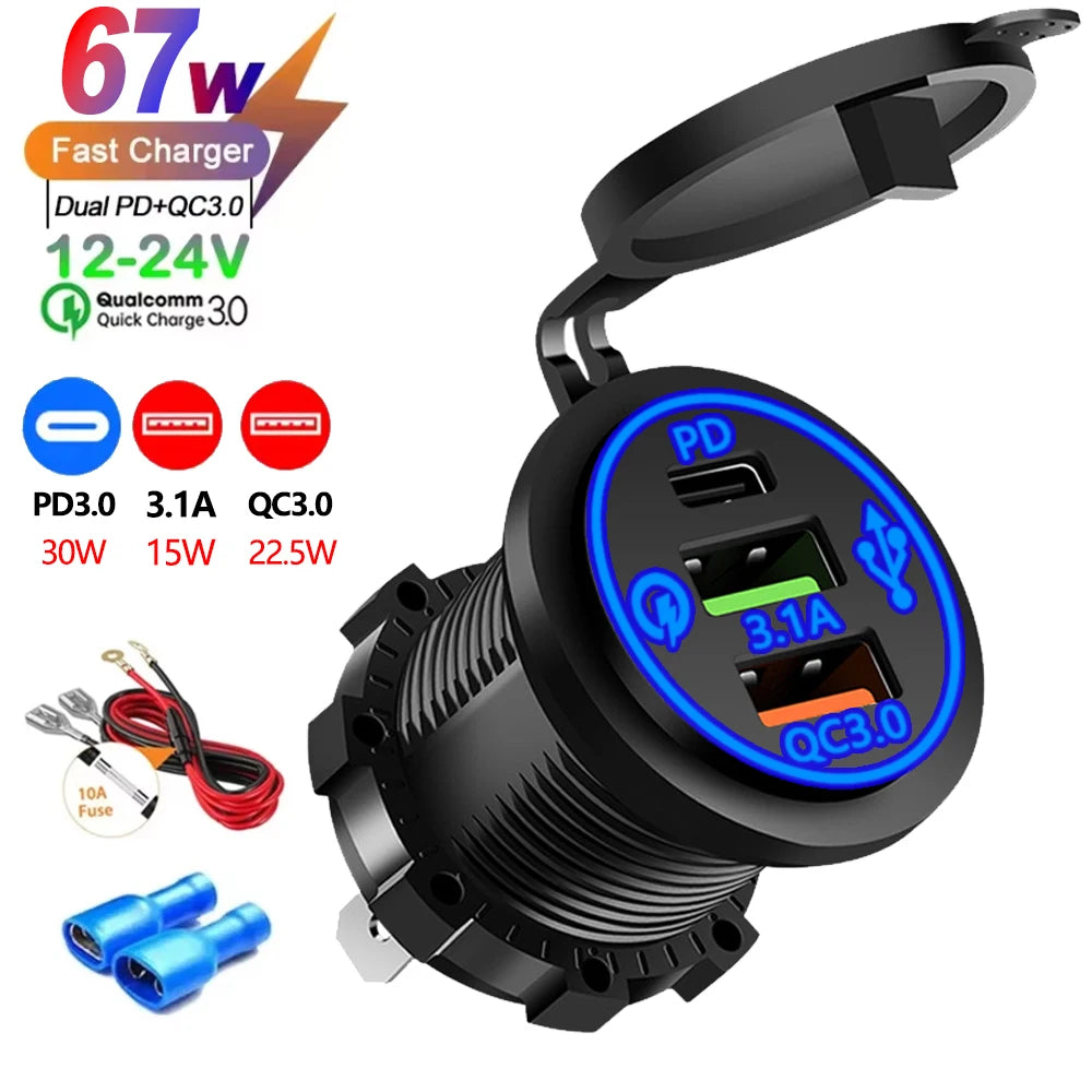 A black car charger with a LED display showing PD, 3.1A, and QC3.0 outputs, featuring multiple ports and a voltmeter.