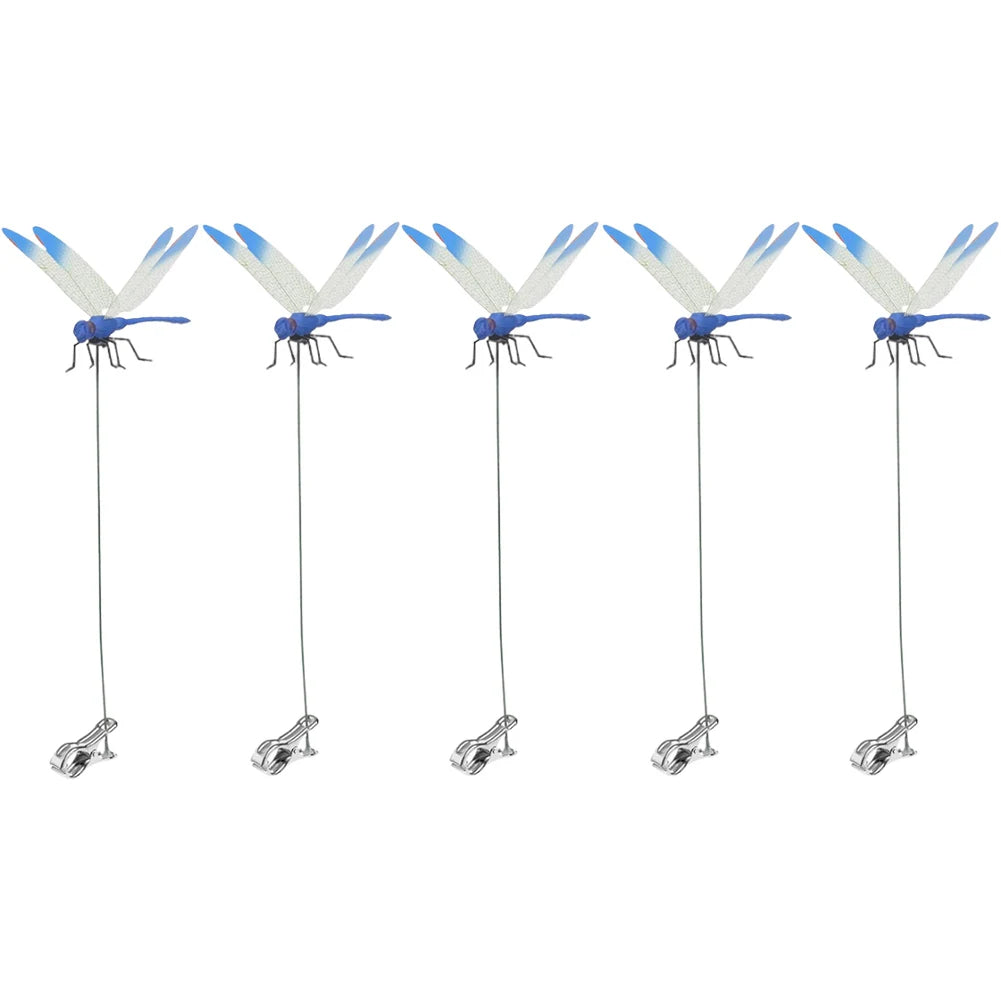 A set of lifelike dragonfly clips used for garden decoration, featuring blue and white wings.