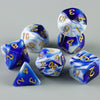 A collection of seven polyhedral dice featuring a blue and white marbled pattern.