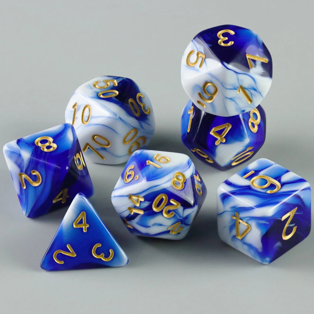 A collection of seven polyhedral dice featuring a blue and white marbled pattern.