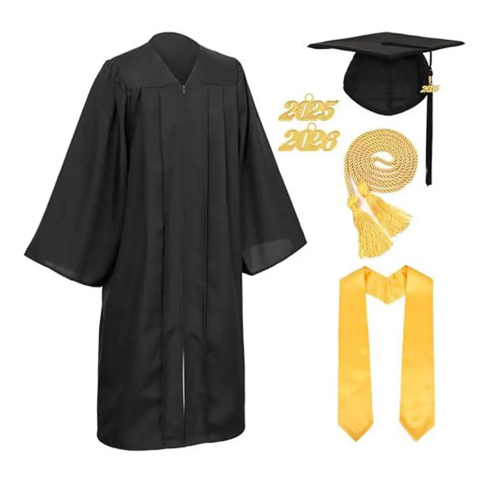 Black graduation gown and cap set with gold accents