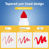 A white pen with a tapered red tip demonstrating three different line designs: a nib, a nib side peak, and a lateral peak.