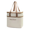 A beige insulated lunch bag with brown straps and a light beige thermal lining.