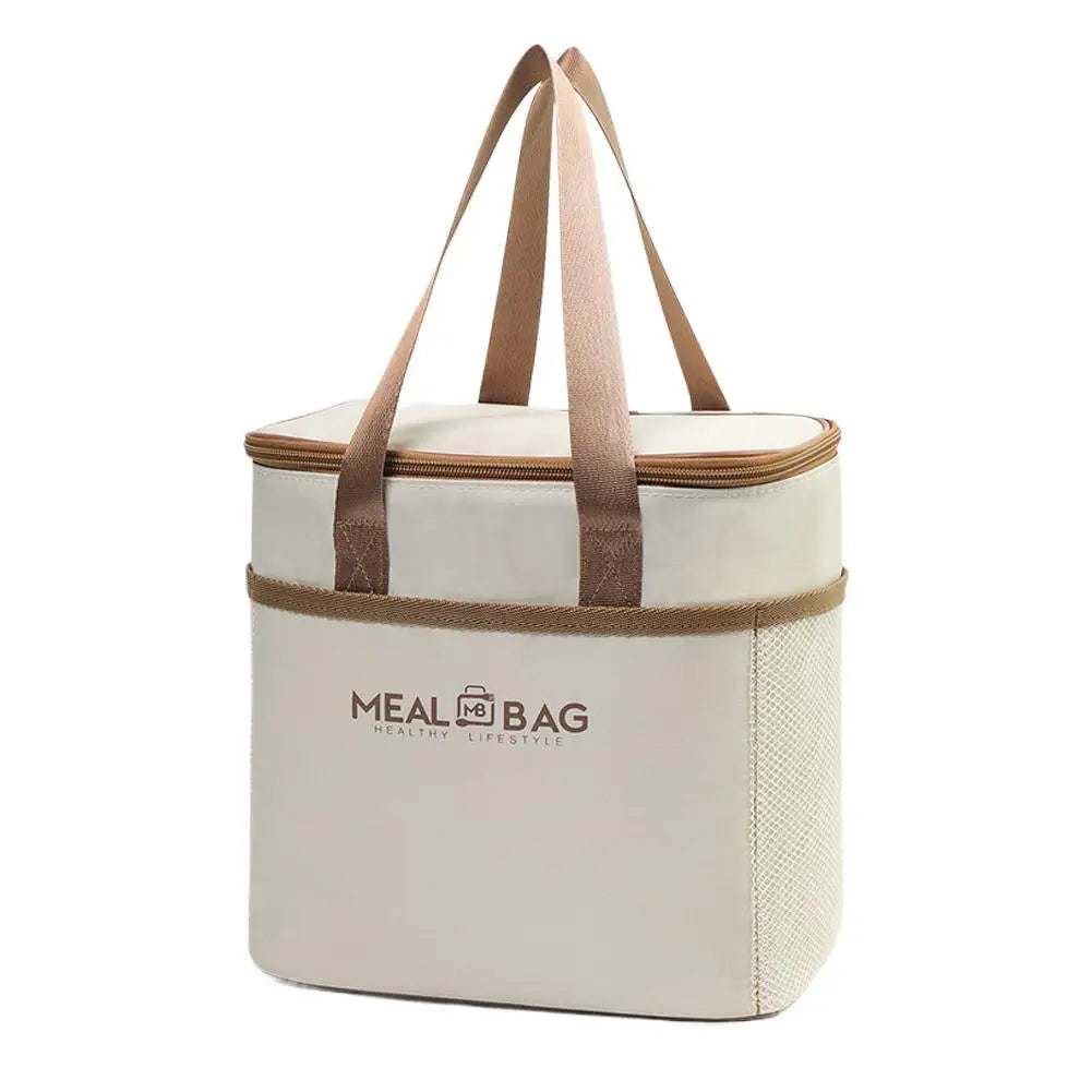 A beige insulated lunch bag with brown straps and a light beige thermal lining.