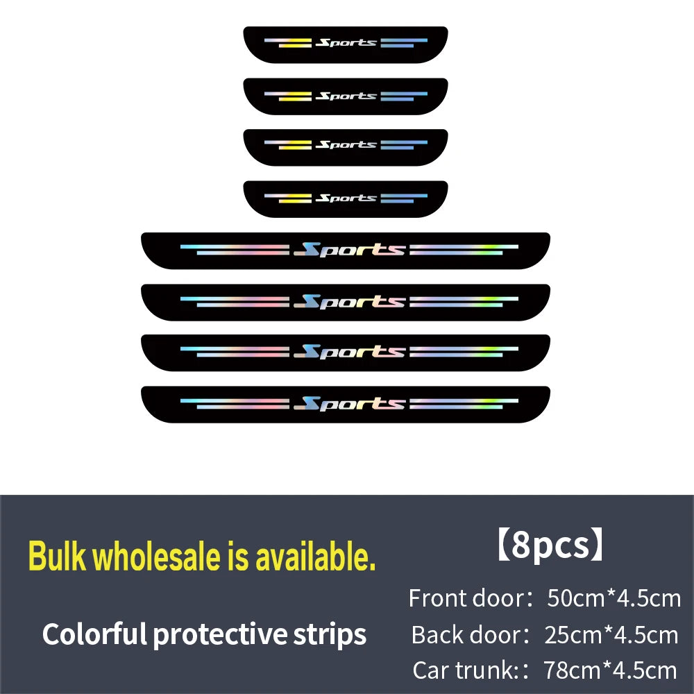 A set of eight colorful protective strips for car door sills, including front door, back door, and car trunk.