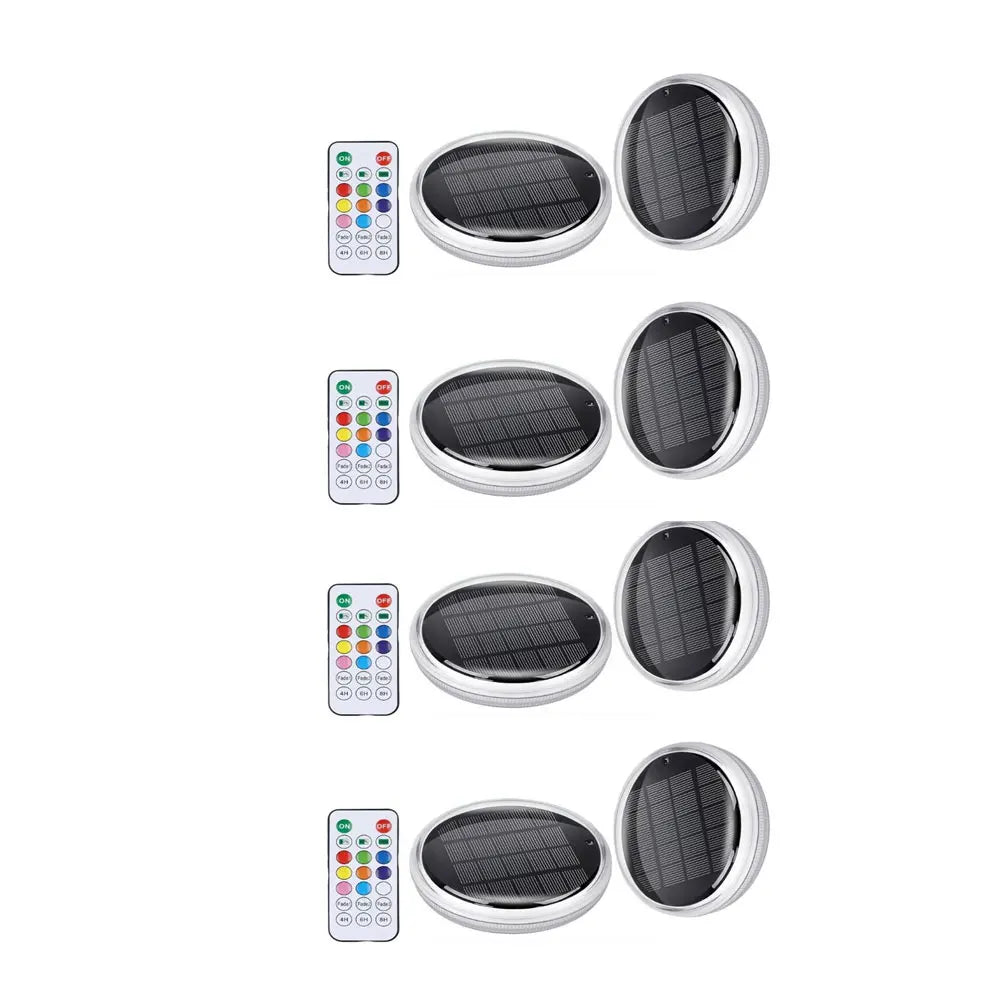 A set of five solar floating pool lights with remote control, featuring various color modes.