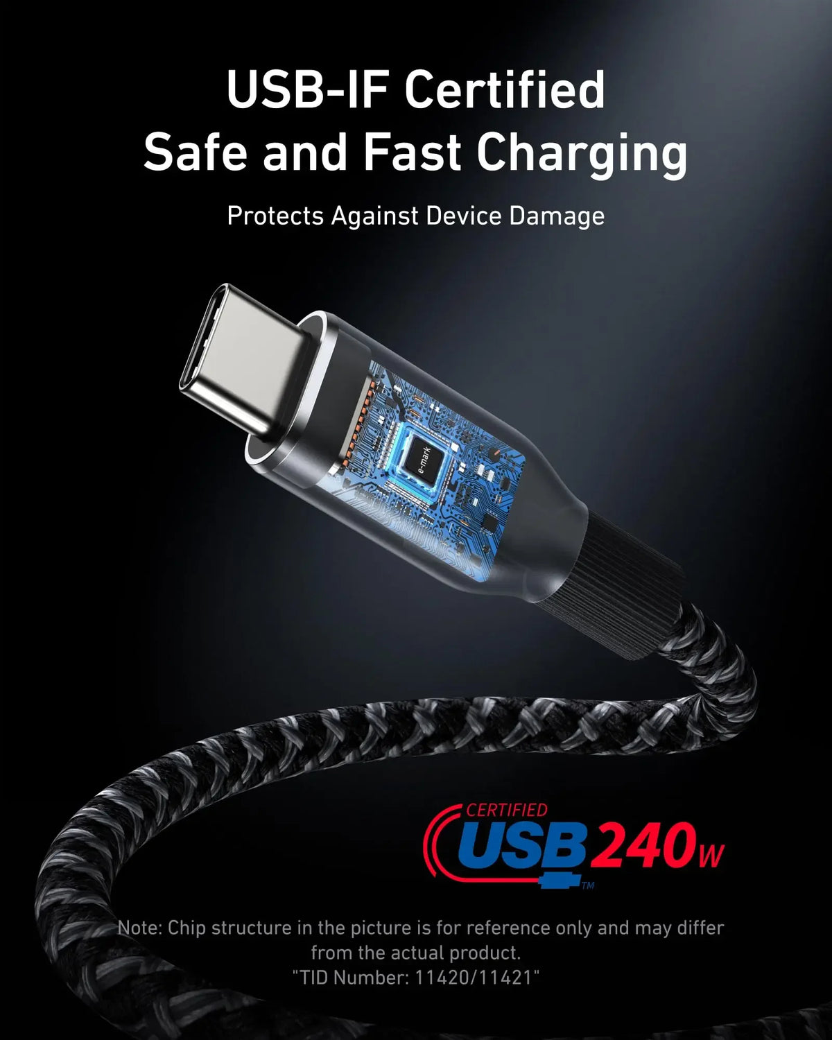 240W USB-C to USB-C Fast Charging Cable (3ft, Braided Nylon)