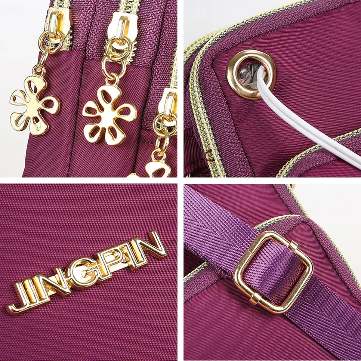 A close-up of a purple oxford crossbody bag featuring gold hardware and a silver chain charm.