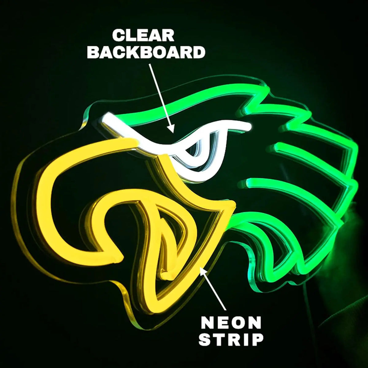 A close-up of a yellow eagle LED neon sign with a clear backboard and a neon strip.