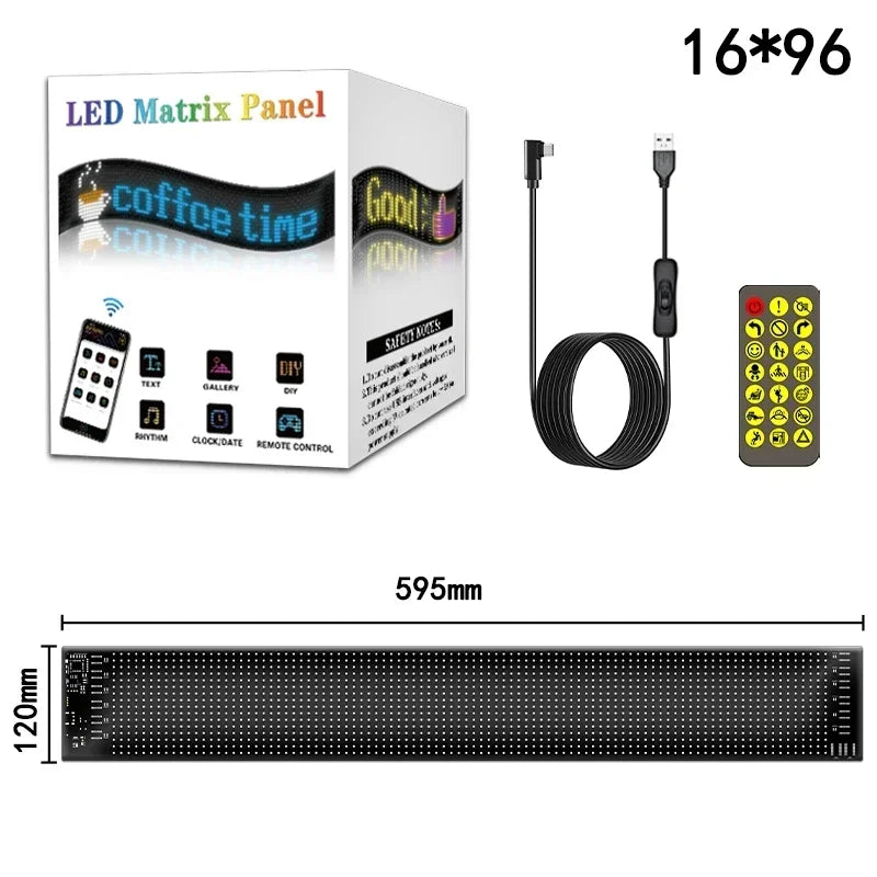 A flexible USB LED matrix panel with a control box, power cable, and remote control buttons.