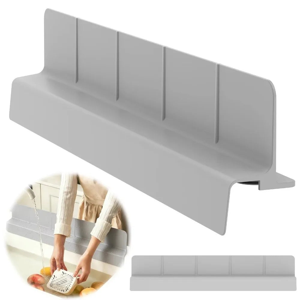 A gray flexible silicone sink splash guard with suction cups shown in various angles and context.