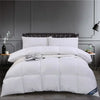 A luxury white goose and duck down comforter with a cotton cover displayed on a bed.