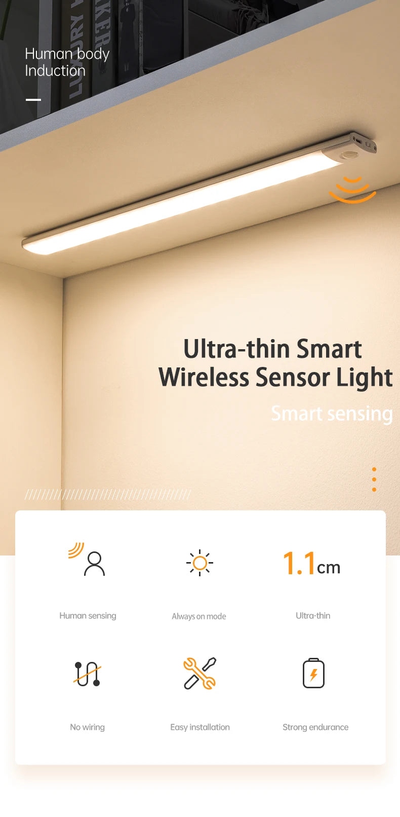 Ultra-thin smart wireless sensor light installed in a ceiling, highlighting its features like human sensing and thin design.