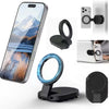 A versatile magnetic 3-in-1 phone and tablet stand with multiple mounting options shown in various configurations.