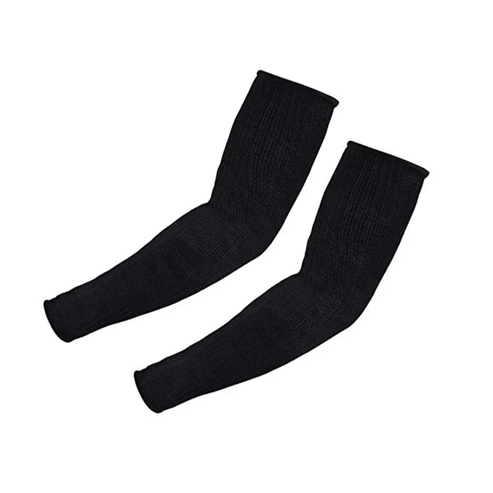 A pair of black cut-resistant arm sleeves for industrial safety, shown flat.