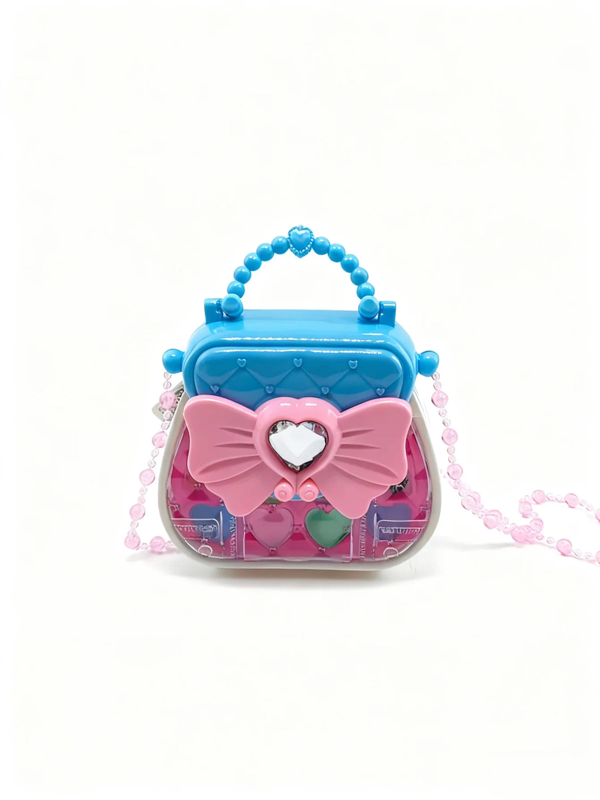 A pink and blue cosmetic playset featuring a butterfly-shaped case with a handle and pink beaded strap.