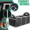 Black foldable car trunk organizer with three compartments shown in detail.