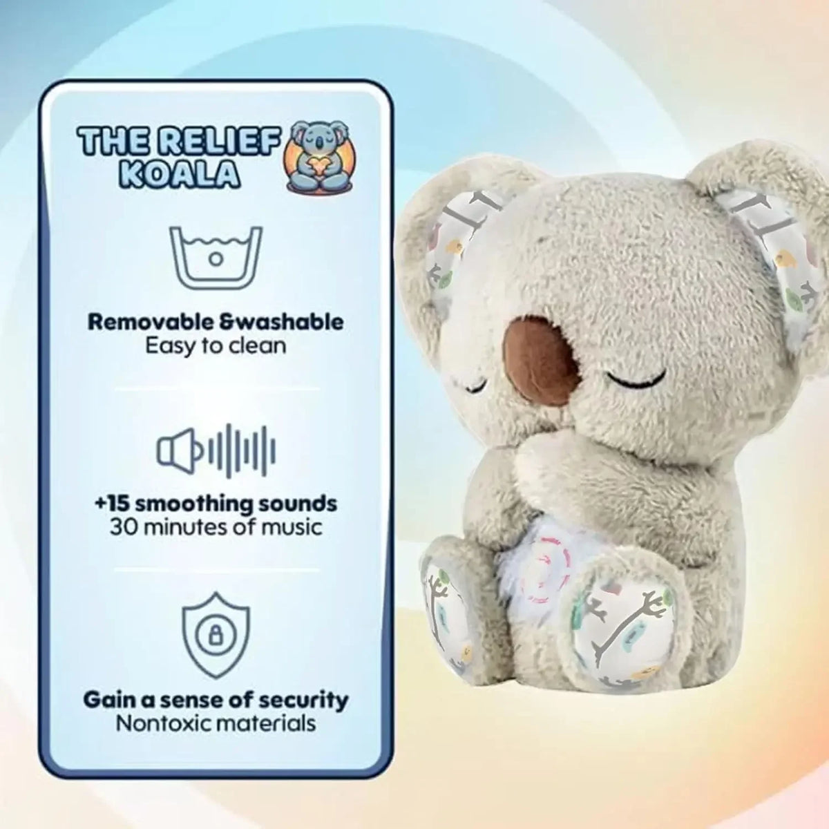 A soft gray koala plush toy designed as a sleep companion with removable features and soothing sounds.