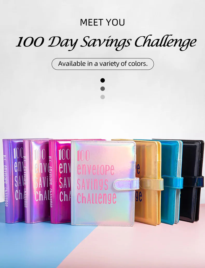 A variety of colorful A5 budget binders with cash envelopes for a 100 day savings challenge.
