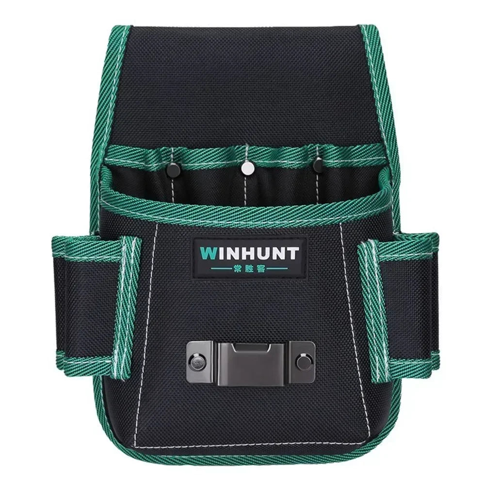 Black tool waist bag with green trim and belt for carpenters and electricians