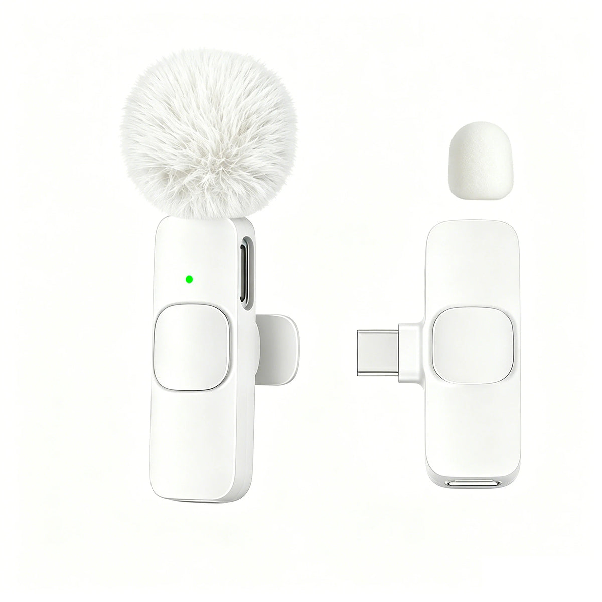 A white USB-C wireless lavalier microphone with a fuzzy windscreen and a rectangular body is shown.