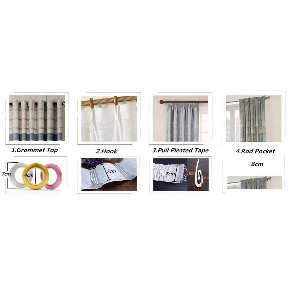 Set of embroidered sheer voile curtain panels including grommet top, hook, pull pleat tape, and rod pocket.