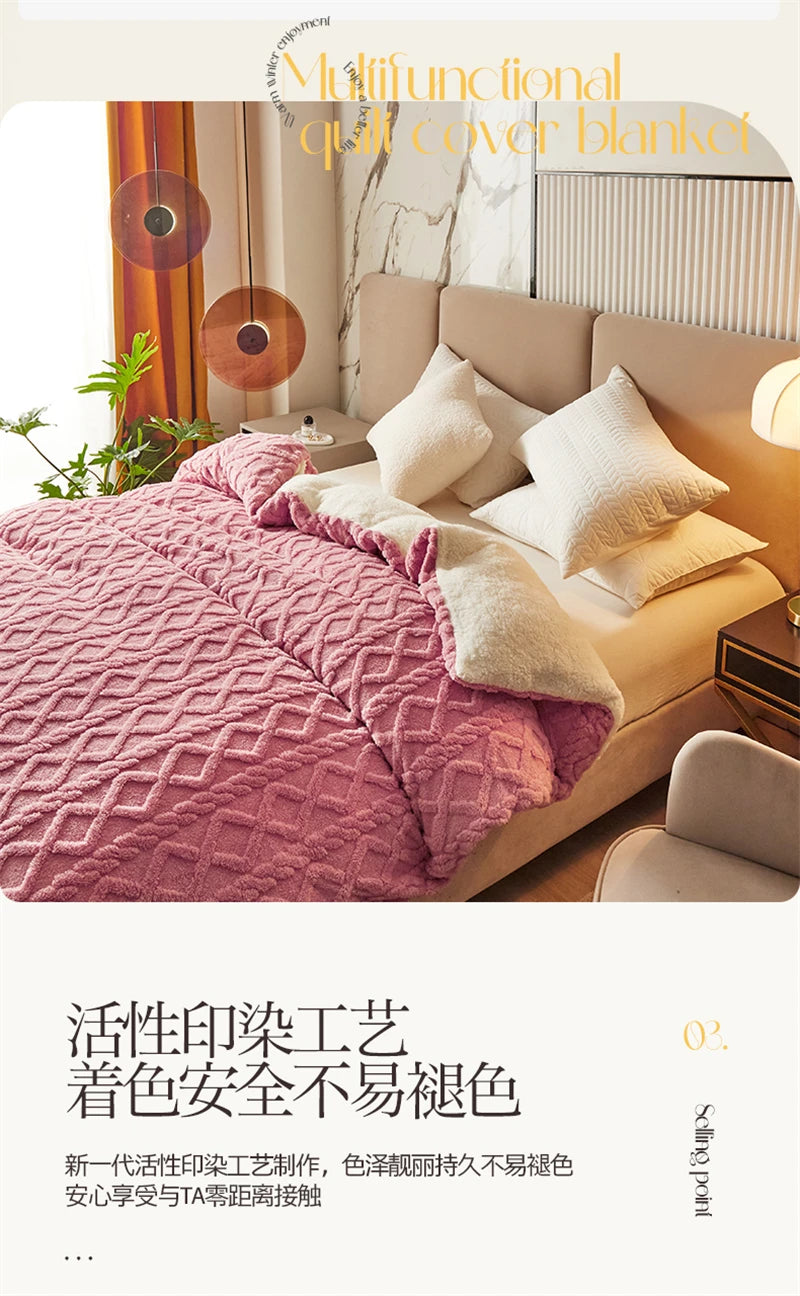 A pink quilted blanket is displayed on a beige sofa next to a window with natural light.