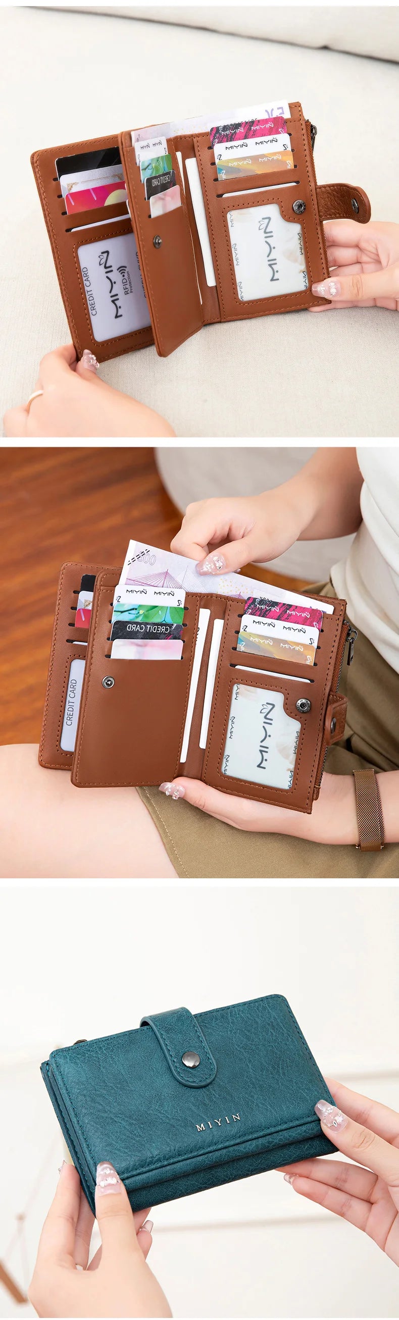 Portefeuille bi-pliable en cuir marron avec protection RFID, tenu par une personne.