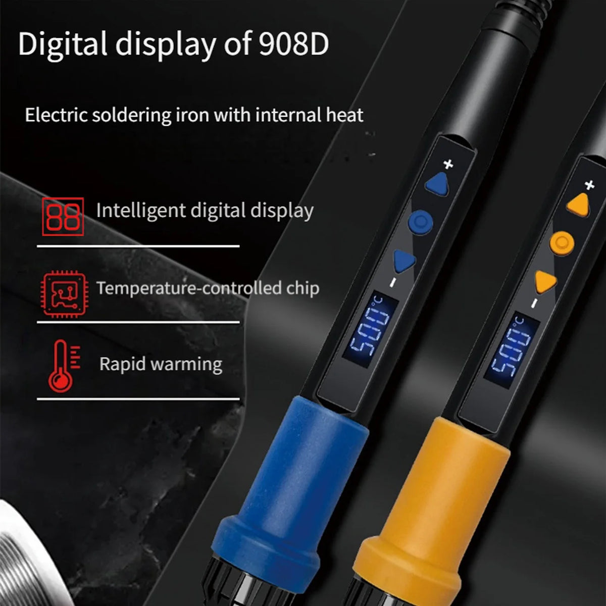 Close-up of an electric soldering iron with a digital display showing 500°C and various features like intelligent display and