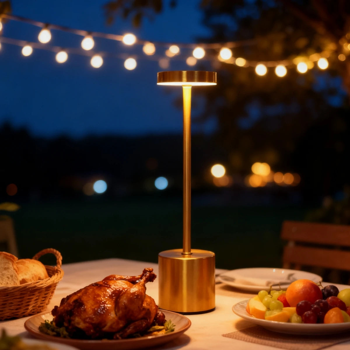 A golden desk lamp with an ambient glow illuminates a plate of roasted chicken outdoors at night.