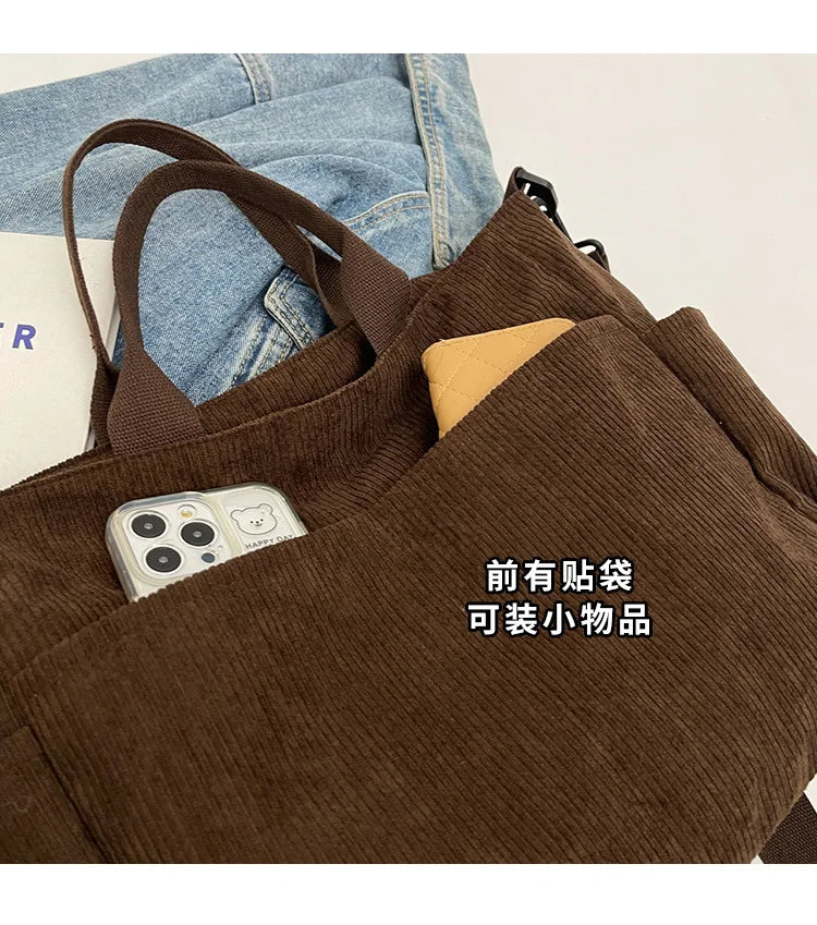Multi-Pocket Corduroy Tote Bag – Large Capacity Casual Satchel for Travel, Work & Commute