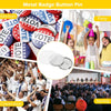 A collection of metal badge button pins showing various themes like election, party, celebration, and society events.