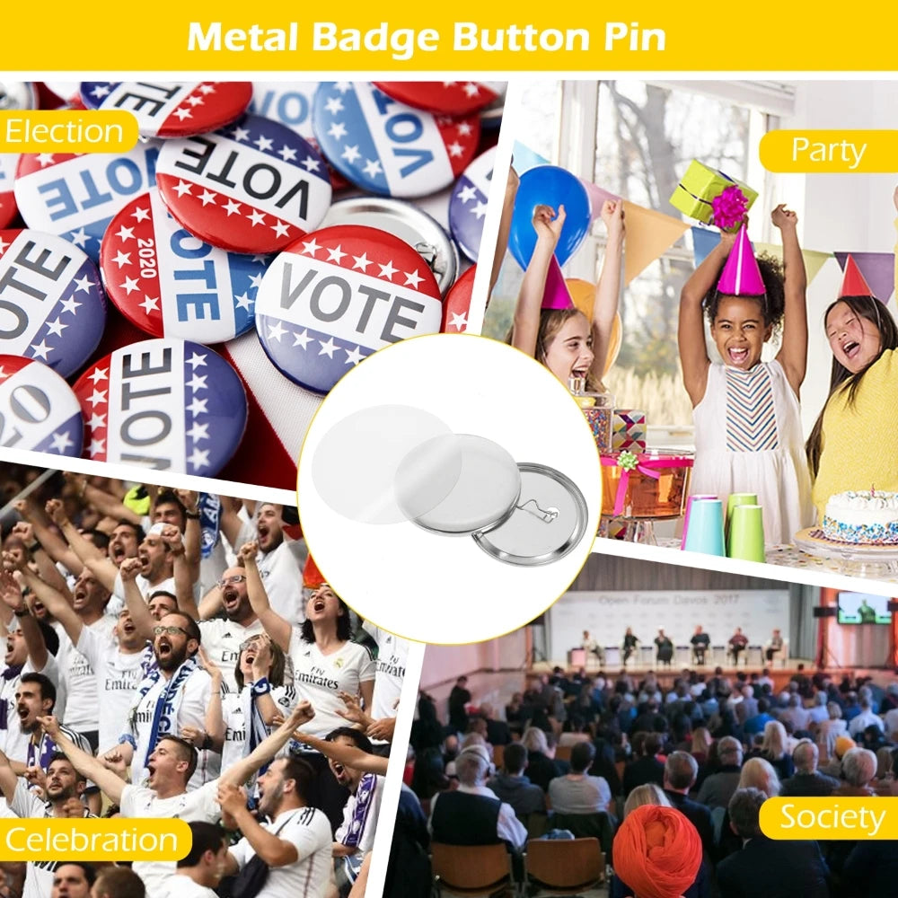 A collection of metal badge button pins showing various themes like election, party, celebration, and society events.