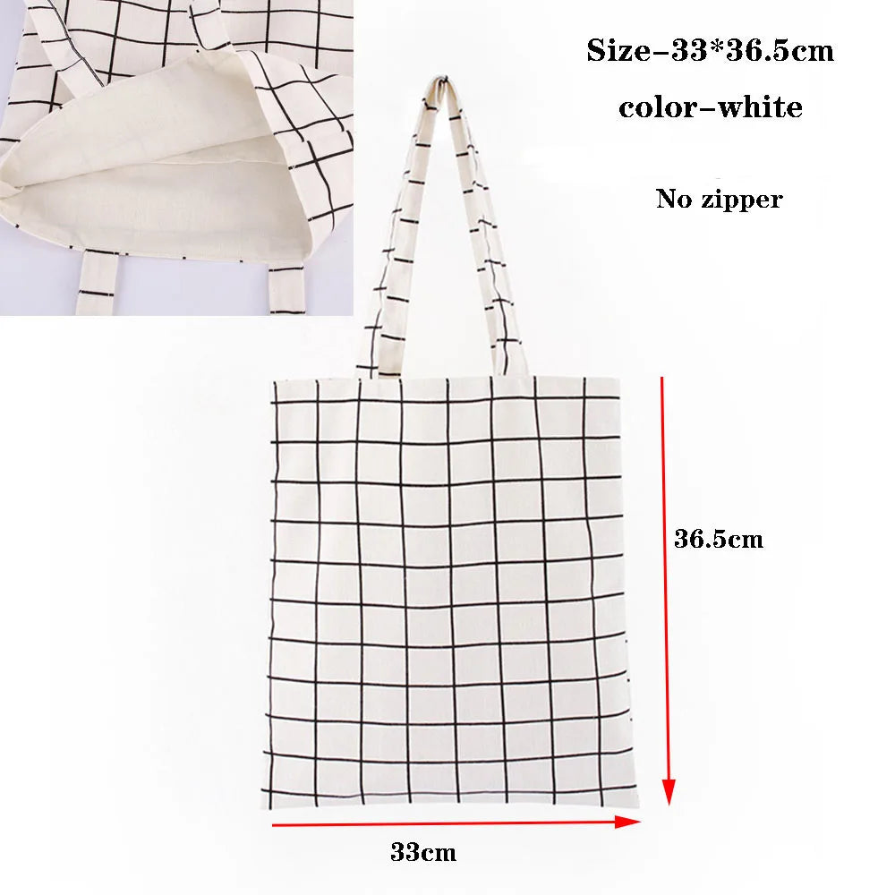 White checkered canvas tote bag with black lines, measuring 33cm by 36.5cm.