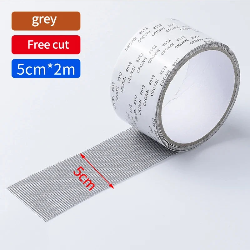 Roll of grey self-adhesive mesh repair patches with a 5cm by 2m strip shown next to the product.